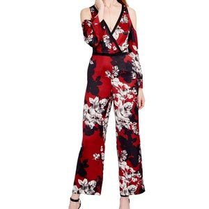 RACHEL Rachel Roy Red Black Floral Cold-Shoulder Wrap Jumpsuit